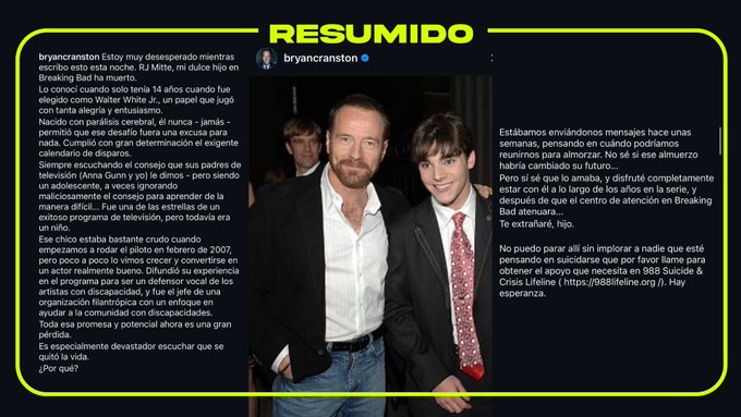 “Te voy a extrañar, hijo” 💔

Bryan Cranston despidió con una carta a RJ Mitte, su hijo en Breaking Bad, tras su muerte a los 34 años. El actor recordó su vínculo y expresó el dolor por su pérdida