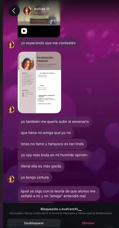 Y acá apareció una de las partes más polémicas
En los chats difundidos, la fan comparaba su aspecto físico con el de una amiga
“Tetas no tiene”, “ella es más gorda” y “yo tengo cintura”, son algunas