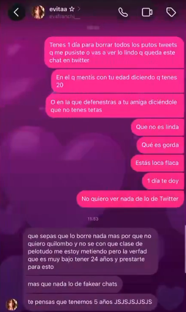 Frankillo también compartió capturas de una discusión directa entre ambos

En una de ellas, la cuenta del influencer le exigía borrar los tuits y advertía que, de no hacerlo, publicaría la conversació