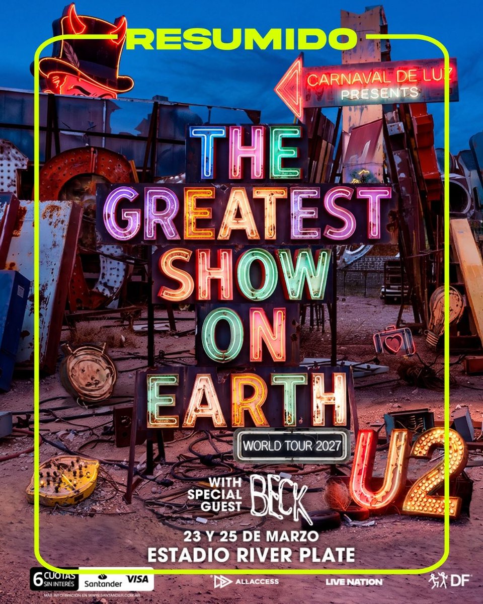 🎸 U2 VUELVE AL PAÍSSSSS
🇦🇷La banda va a tocar el 23 y el 25 de marzo para celebrar 50 años de historia y presentar canciones de su álbum Carnaval de Luz
U2 se presentará en el estadio River Plate, l