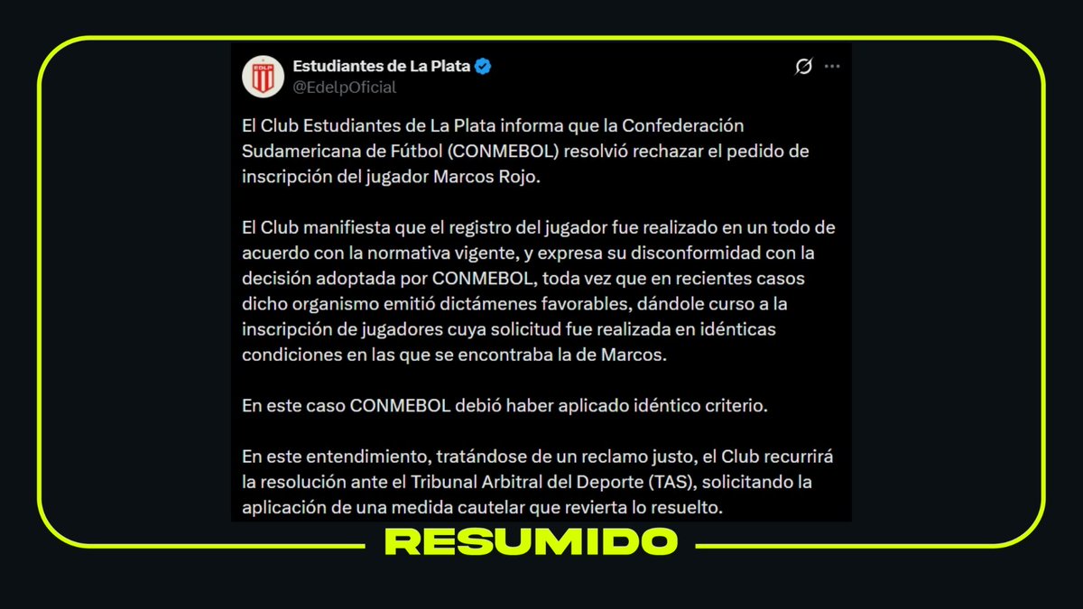 Estudiantes de La Plata confirmó que Marcos Rojo no podrá jugar la Copa Libertadores

El defensor recién acababa de ser transferido desde Racing pero "la Confederación Sudamericana de Fútbol (CONMEBOL