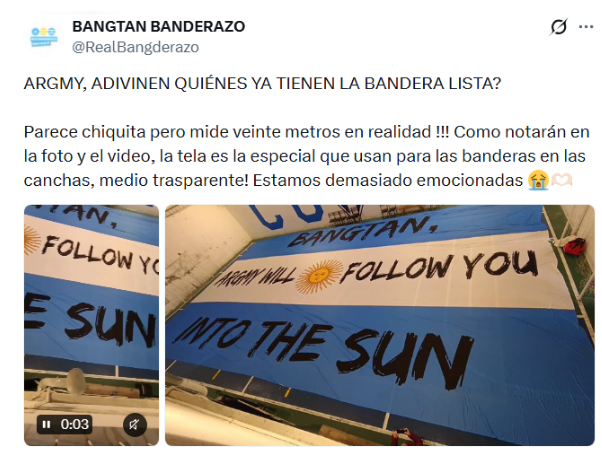 Y LAS ARMY ARGENTINA PREPARÓ ALGO MUY ESPECIAL. 🇦🇷💜

Entre los proyectos de los fans está el “Bangderazo”: una bandera de 20 metros que planean desplegar durante el último show

Y hay un detalle más: 