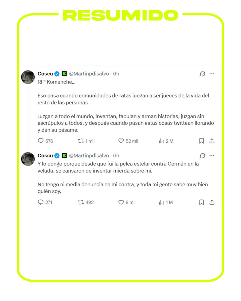 🔴 Coscu despidió a El Komanche y lanzó un mensaje contra el ciberbullying

Tras la muerte del streamer salvadoreño a los 30 años, Coscu cuestionó el hostigamiento en redes: "Comunidades de ratas juega