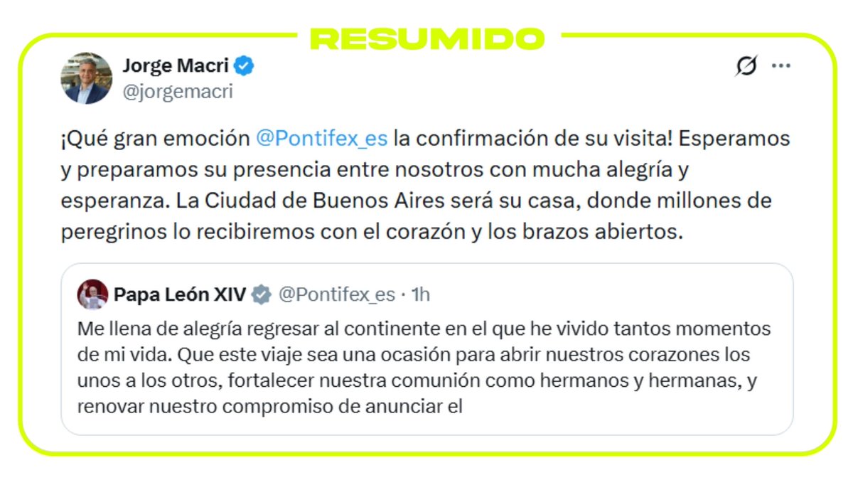 "La Ciudad de Buenos Aires será su casa, donde millones de peregrinos lo recibiremos con el corazón y los brazos abiertos"

Jorge Macri celebró en X la confirmación de la visita del papa León XIV a la