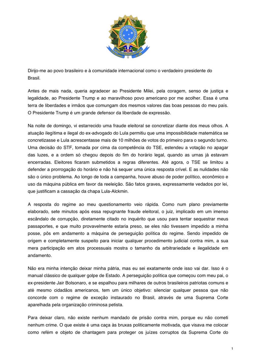 🇧🇷 FLÁVIO BOLSONARO LLEGÓ A EE.UU. Y SE AUTOPROCLAMÓ “PRESIDENTE ELECTO” DE BRASIL

El excandidato presidencial publicó una carta en la que denunció fraude electoral, agradeció a Javier Milei y a Dona