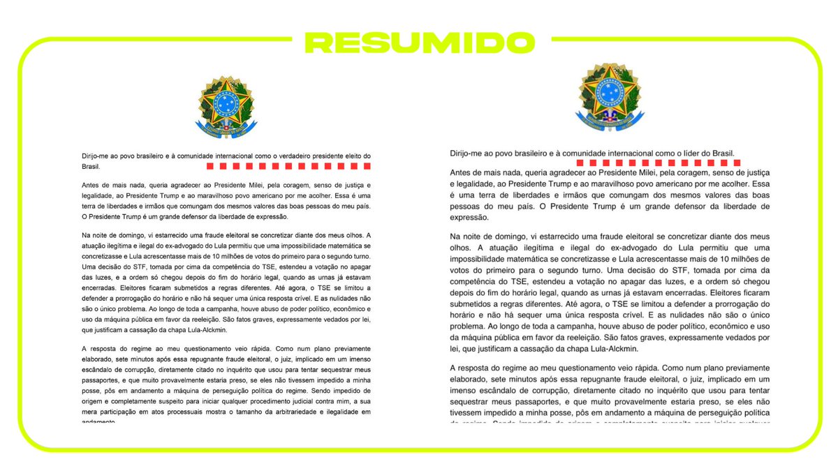 Flávio Bolsonaro editó el tuit de su carta emitida desde Estados Unidos y volvió a postear una versión modificada. En la original se autoproclamaba “verdadero presidente electo de Brasil” y en la segu